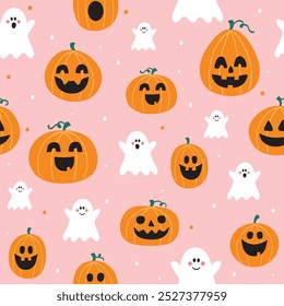 Design de padrão de Halloween com lanternas de abóbora bonitos e fantasmas. Ilustração vetorial