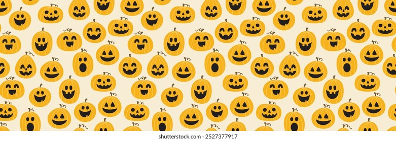 Design of Halloween pattern with cute pumpkins. Banner. Vector illustration