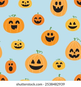 Design of Halloween pattern with cute pumpkins. Vector illustration