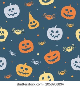 Design of Halloween pattern with funny pumpkin lanterns and spiders. Vector