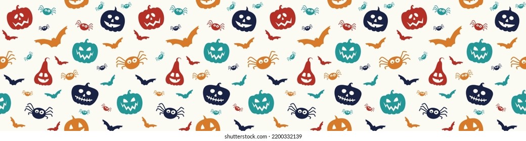 Design of Halloween pattern with funny pumpkin lanterns, bats and spiders. Banner. Vector