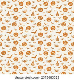 Design of Halloween pattern with funny pumpkin lanterns and spiders. Vector