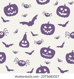 Design of Halloween pattern with funny pumpkin lanterns and spiders. Vector