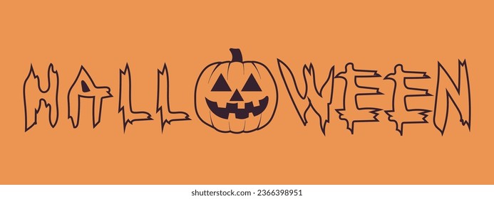Design of Halloween text with orange Pumpkin Jack lantern. Creepy Halloween banner concept. Design of card, poster, card overlay cover. Vector illustration.