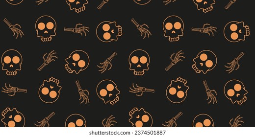 Design Halloween wrapping paper with Bones Hands and black Skull. Seamless pattern with creepy Helloween symbol. Halloween celebration wallpaper, banner, poster. Vector illustration.