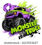 Design with Hand drawing  green Monster Truck. Vector t-shirt illustration for boy. Grunge cool style print on isolated white 