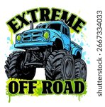 Design with Hand drawing  green Monster Truck. Vector t-shirt illustration for boy. Grunge cool style print on isolated white background