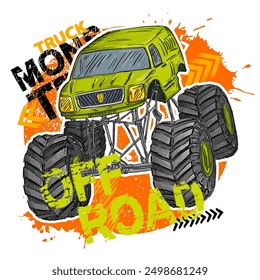 Design with Hand drawing  green Monster Truck. Vector t-shirt illustration for boy. Grunge cool style print on isolated white background