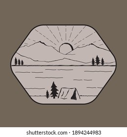diseño de una mano dibujando una montaña y acampando junto a un río