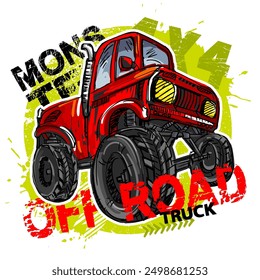 Design with Hand drawing  red Monster Truck. Vector t-shirt illustration for boy. Grunge cool style print on isolated white background