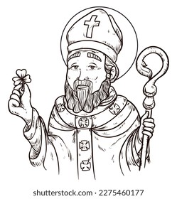 Design in hand drawn style of St. Patrick with shamrock in one hand, a crosier in the other, bishop's clothes and sacred halo.