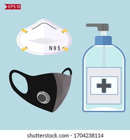 design hand sanitizer and respiratory protection mask. illustration of hand sanitizer and respiratory protection mask in cartoon style.