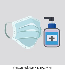 design hand sanitizer and respiratory protection mask. illustration of hand sanitizer and respiratory protection mask in cartoon style.