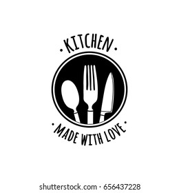 Design handmade badges, labels and poster element, retro symbols for kitchenware shop, cooking club, cafe or home cooking. Template logo with silhouette of a cutlery. Vector. 