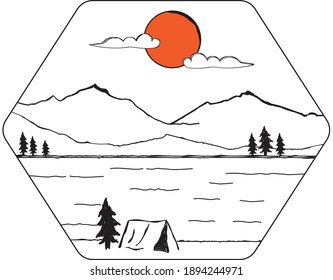 design handrawing a mountain and camping by a river