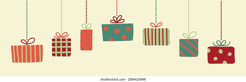 Design of hanging Christmas present boxes. Vector
