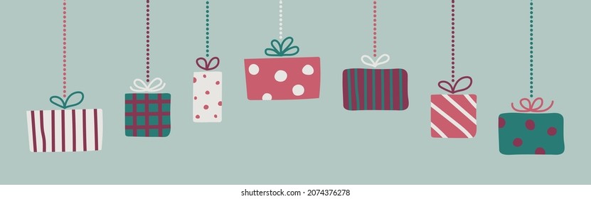 Design of hanging Christmas present boxes. Vector