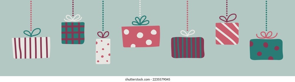 Design of hanging Christmas present boxes. Vector