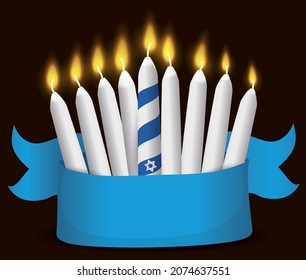 Design for Hanukkah with nine lighted candles behind an empty blue ribbon over dark background.