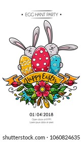 Design of Happy Easter card, poster, invitation to holiday party. Two rabbits hold Easter eggs, ribbon and flowers. Eggs hunt party. Vector holiday banner