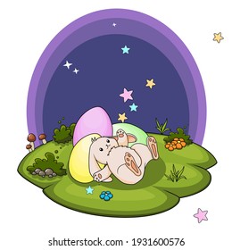 Design for Happy Easter celebration, isolated vector illustration of cute bunny and easter egg in the meadow.