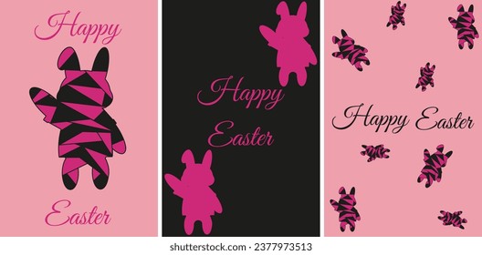 Design happy Easter day card cover with cartoon Bunny and font. Set pink Easter posters, banner, card in trendy Y2K style. Celebration web promo. Vector illustration. 
