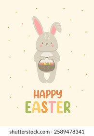 Design "HAPPY EASTER" with Illustration of a cute rabbit for Easter, a bunny with a basket in its paws and with colorful eggs. For printing, for decoration, for greeting