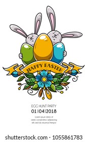 Design of Happy Easter poster, invitation to holiday party. Two rabbits hold eggs, ribbon and flowers. Eggs hunt party. Vector holiday banner