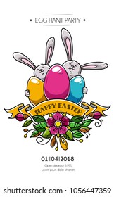 Design of Happy Easter poster, invitation to holiday party. Two rabbits hold colored eggs, ribbon and flowers. Eggs hunt party. Vector holiday banner