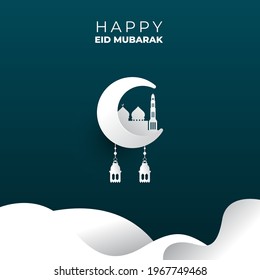 design of happy eid mubarak celebration with lantern, mosque and  half moon illustration