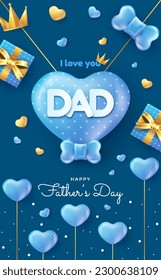 Design of Happy Father's Day greeting card, banner, poster or balloon with flying heart, bow tie and gift. Paper art, digital craft 3d style.