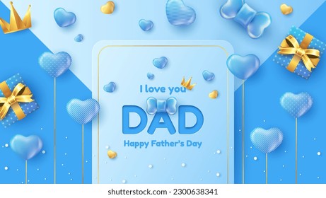 Design of Happy Father's Day greeting card, banner, poster or balloon with flying heart, bow tie and gift. Paper art, digital craft 3d style.