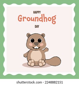 Design Happy Groundhog Day greeting with framed lettering on green background. Cute postcard