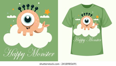 design of a happy monster on cloud, vector illustration for prints