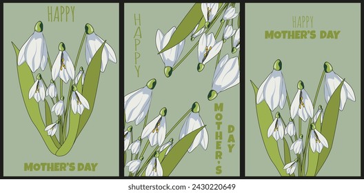 Design Happy Mother's Day greeting card set. Holiday poster with Snowdrops on pastel background. Vectro illustration can used web social media posters banners promo. EPS 10. Editable stroke