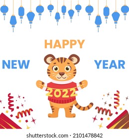 Design Happy New Year 2022 lettering text concept and lion animal character with white background