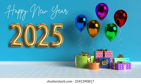 design of Happy New Year 2025 with balloons and gift. typography logo vector illustration. perfect for greeting card, calendar, background and more