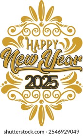 Design Happy New Year 2025 Vintage Ornament Gold