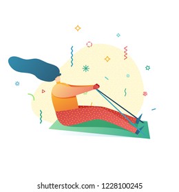 Design happy new year illustration young woman sledding. Winter activity outdoors. Cute flat female character in a modern style on sled. Happy holiday poster in modern style. Vector