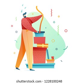 Design happy new year illustration young man with beard wrapping presents. Cute flat male character for christmas banner  in a modern style. Happy holiday poster with gift. Vector