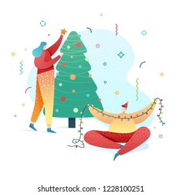 Design happy new year illustration young girl and boy decorates a christmas tree. Cute flat family character for christmas banner in modern style. Happy holiday poster with friends vacation. Vector