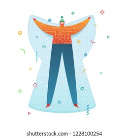 Design happy new year illustration young man making a snow angel. Winter activity outdoors. Cute flat male character in a modern style. Happy holiday poster with gift. Vector