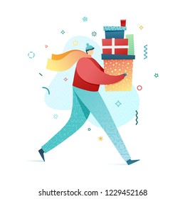 Design happy new year illustration young man buys gifts. Winter outdoors. Cute flat male character in a modern style in scarf and hat with present. Happy holiday shopping poster. Vector. 