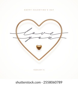 Design for Happy Valentines Day greeting card. 3d gold metal heart and hand drawn line lettering on white background. Template for invitation, banner, flyer, cover, poster.