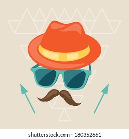 Design with hat, glasses and mustache in hipster style.