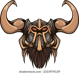 The design of the head of a viking warrior who has dashing horns and has a black mask covered in gold