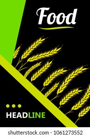 Design headline greend Wheat Ears  on black background. For Natural Product Company. Organic wheat, bread agriculture. 