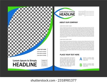 The design of the headline template or flyer design can also be for a book cover or annual report with a white paper concept and a combination of blue and green designs