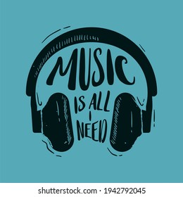 Design headphone dj with typography music is all need logo vector