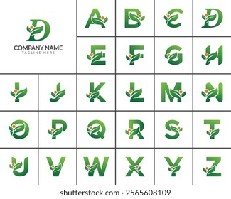 Design for Health Care, Cosmetics, Natural Products, Ecology, Herbal, Spa. Green Eco Letters A to Z Logo with Leaves and Sun.